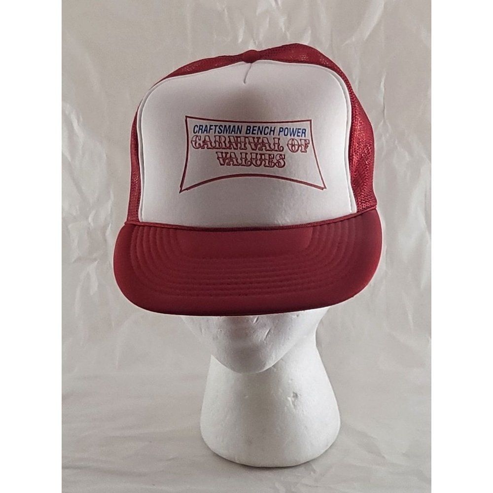 Vintage Craftsman Snapback Rope Hat Bench Power Carnival Of Values Red White OS‎